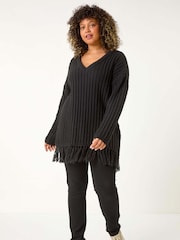 Roman Black Curve V-Neck Tassel Hem Knit Jumper - Image 2 of 5