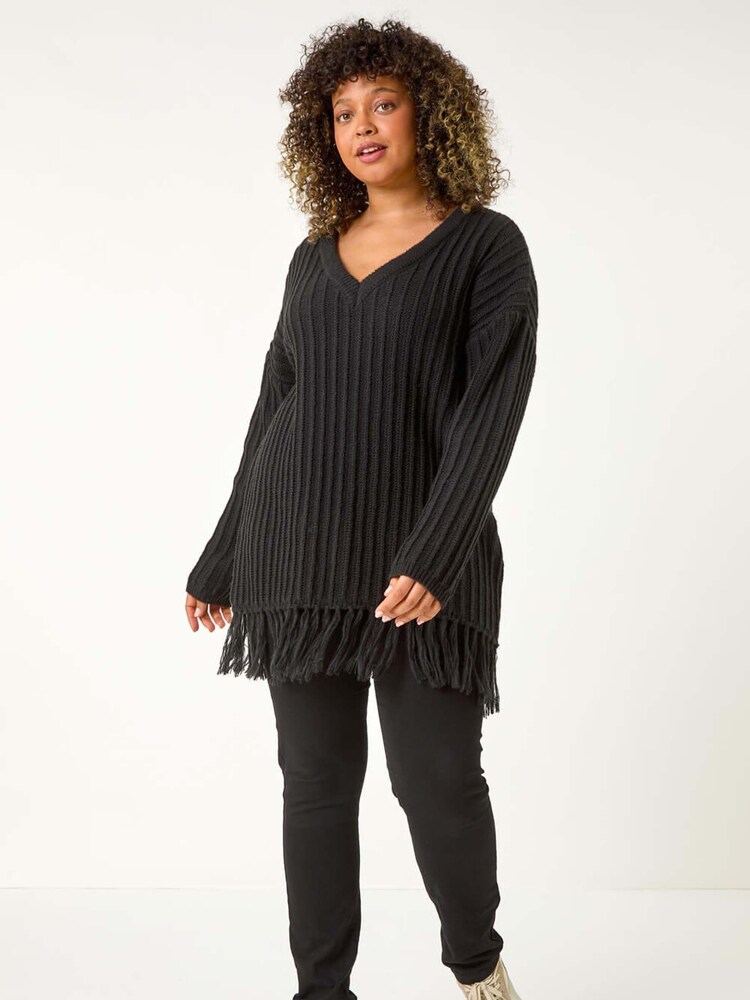 Roman Black Curve V-Neck Tassel Hem Knit Jumper - Image 2 of 5 Roman Black Curve V-Neck Tassel Hem Knit Jumper - Image 2 of 5