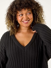 Roman Black Curve V-Neck Tassel Hem Knit Jumper - Image 4 of 5