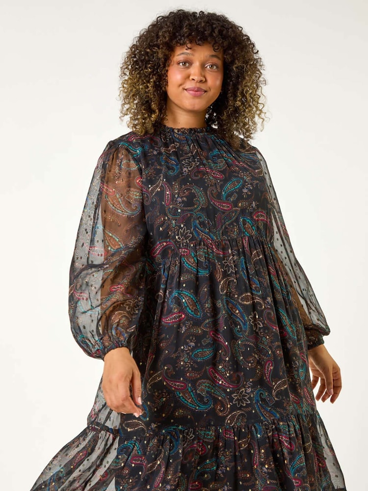 Roman Blue Curve Metallic Print High Neck Swing Dress - Image 1 of 5