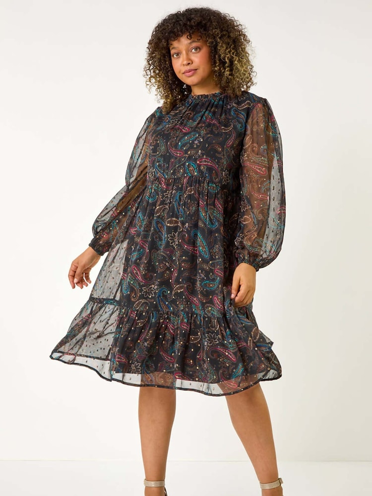 Roman Blue Curve Metallic Print High Neck Swing Dress - Image 2 of 5