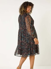 Roman Blue Curve Metallic Print High Neck Swing Dress - Image 3 of 5