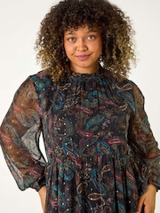 Roman Blue Curve Metallic Print High Neck Swing Dress - Image 4 of 5