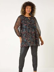 Roman Blue Curve Tie Neck Metallic Top - Image 2 of 5