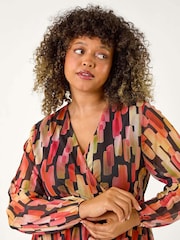 Roman Pink Curve Abstract Print Wrap Dress - Image 4 of 5