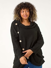 Roman Black Curve Cowl Neck Button Wrap Top - Image 1 of 5