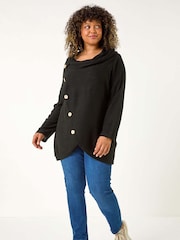 Roman Black Curve Cowl Neck Button Wrap Top - Image 2 of 5