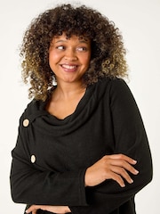 Roman Black Curve Cowl Neck Button Wrap Top - Image 4 of 5