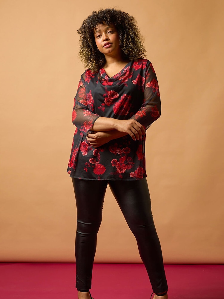 Roman Red Curve Floral Print Mesh Cowl Neck Top - Image 2 of 8 Roman Red Curve Floral Print Mesh Cowl Neck Top - Image 2 of 8