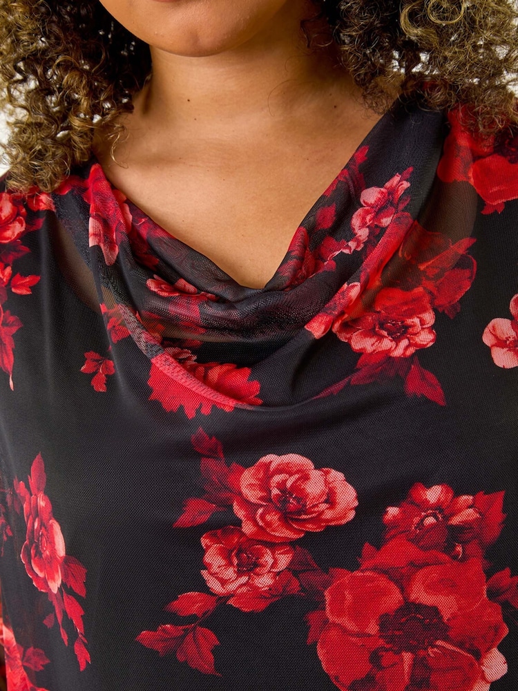Roman Red Curve Floral Print Mesh Cowl Neck Top - Image 8 of 8 Roman Red Curve Floral Print Mesh Cowl Neck Top - Image 8 of 8