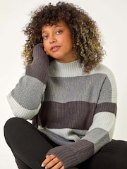Roman Grey Curve Colour Block Stripe Knit Jumper - Image 1 of 5