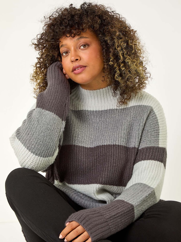 Roman Grey Curve Colour Block Stripe Knit Jumper - Image 1 of 5