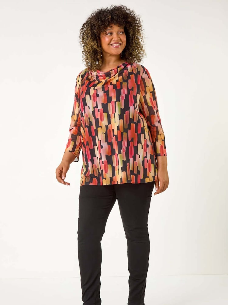 Roman Pink Curve Abstract Print Mesh Cowl Neck Tunics Top - Image 2 of 5