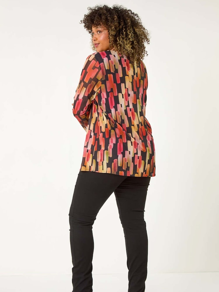 Roman Pink Curve Abstract Print Mesh Cowl Neck Tunics Top - Image 3 of 5