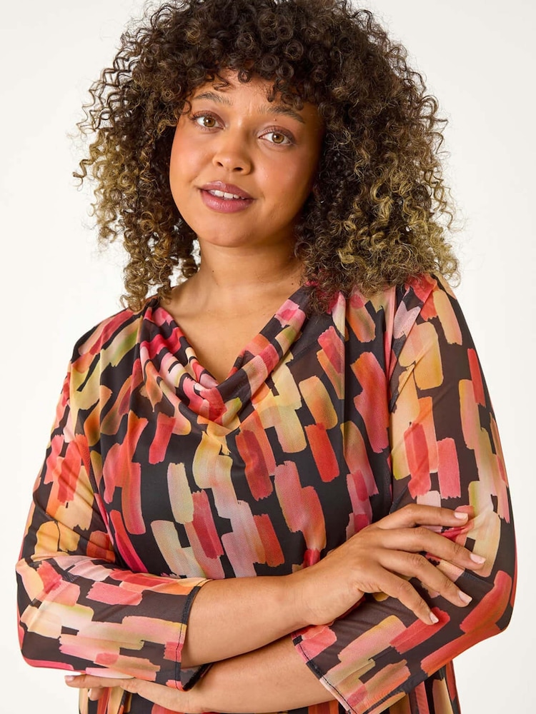 Roman Pink Curve Abstract Print Mesh Cowl Neck Tunics Top - Image 4 of 5