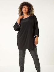Roman Black Curve Diamante Trim Stretch Top - Image 1 of 5