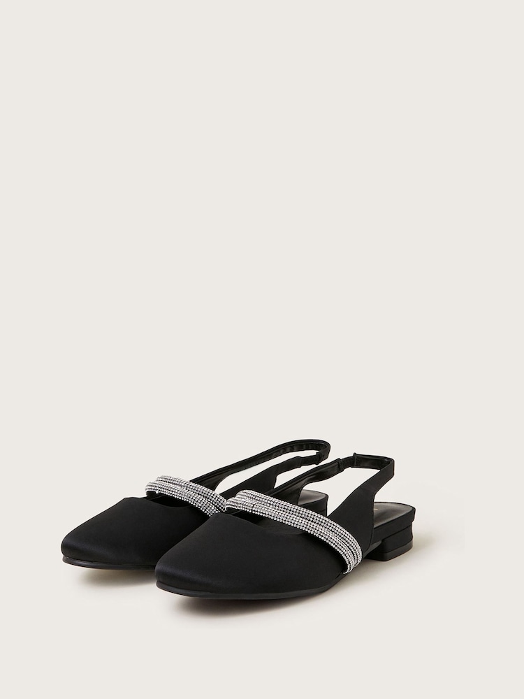 Monsoon Black Diamante Strap Satin Slingback Flats - Image 1 of 3