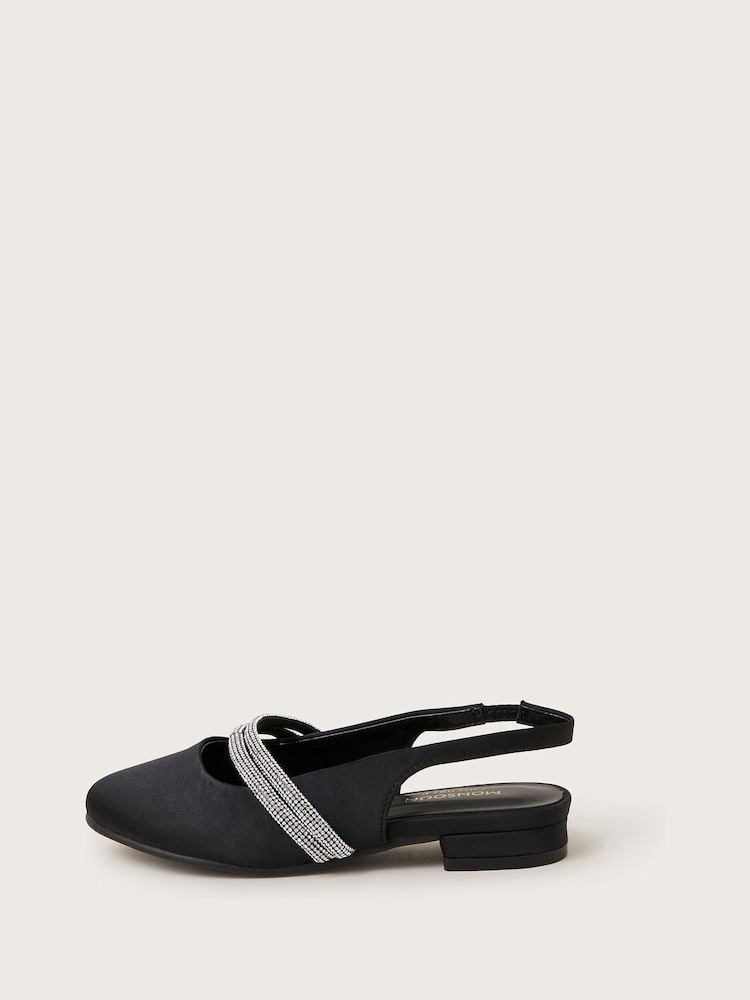 Monsoon Black Diamante Strap Satin Slingback Flats - Image 3 of 3