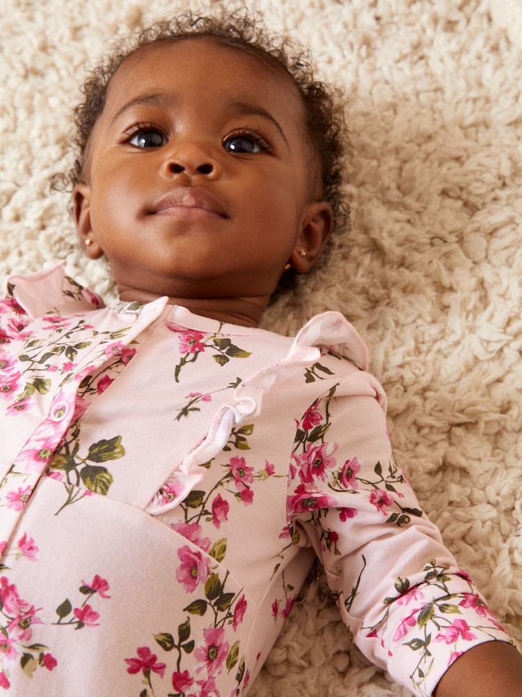 Love & Roses Pink/White Floral Baby Printed Ruffle Sleepsuits 2 Pack (0-24mths) - Image 2 of 4