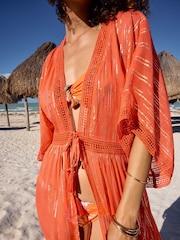 Love & Roses Orange Metallic Trim Detail Kimono - Image 2 of 4