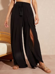 Love & Roses Black Split Detail Beach Tie Front Trousers - Image 1 of 4