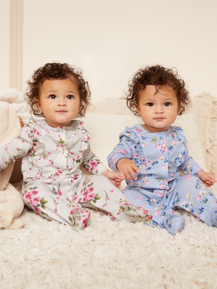 Love & Roses Blue/Grey Floral Baby Printed Ruffle Sleepsuits 2 Pack (0-24mths) - Image 1 of 4