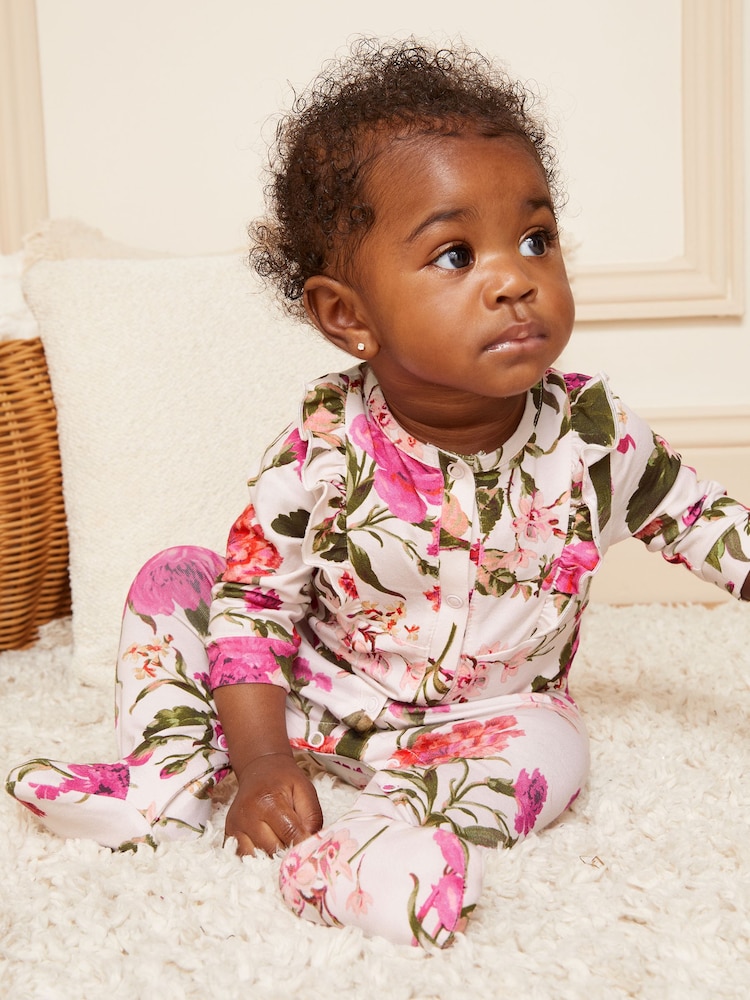 Lipsy Cream Baby Printed Ruffle Sleepsuit (0-24mths) - Image 1 of 4