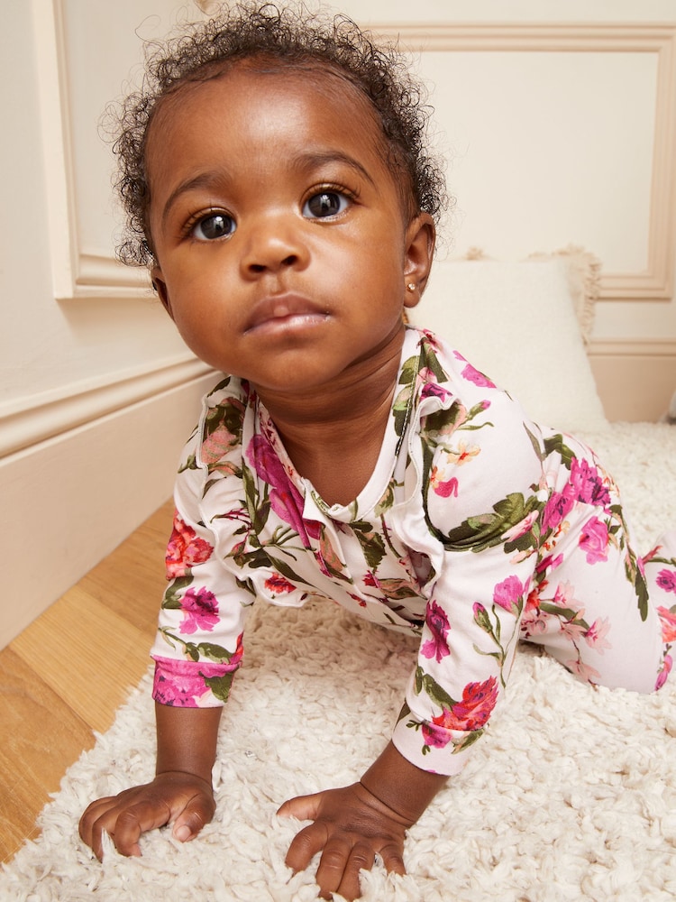 Lipsy Cream Baby Printed Ruffle Sleepsuit (0-24mths) - Image 2 of 4
