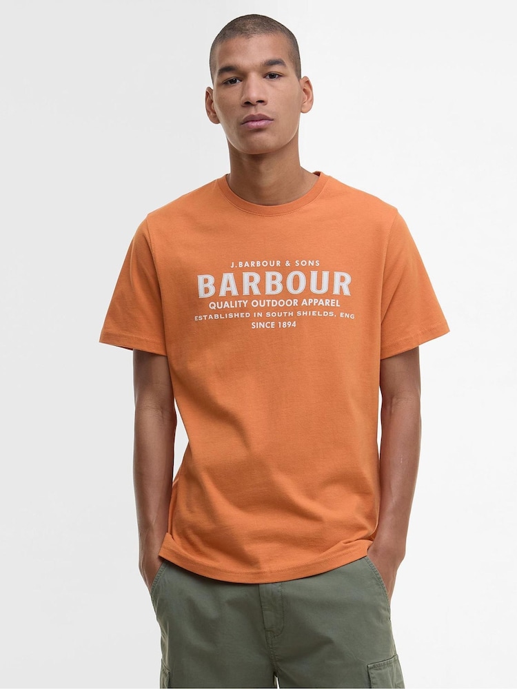 Barbour® Orange 100% Cotton Moorside Logo T-Shirt - Image 1 of 4 Barbour® Orange 100% Cotton Moorside Logo T-Shirt - Image 1 of 4