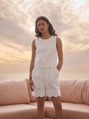 White Sleeveless Scallop Edged Playsuit - Image 1 of 9