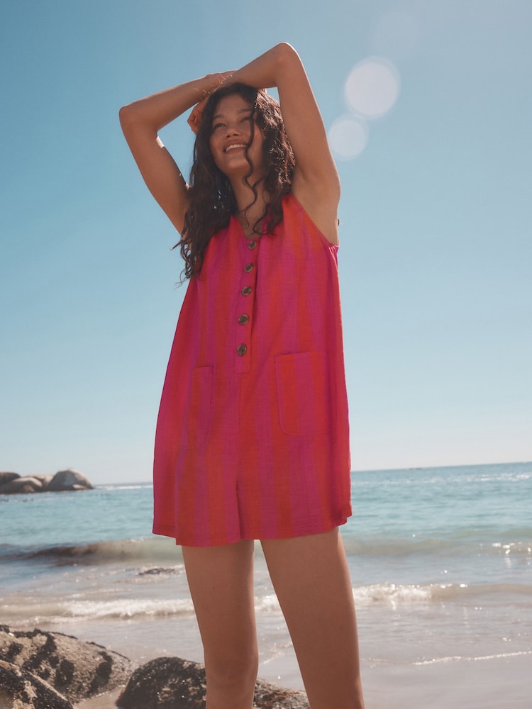 Pink & Red Stripe 100% Cotton V-Neck Button Down Playsuit - Image 1 of 8