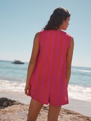 Pink & Red Stripe 100% Cotton V-Neck Button Down Playsuit - Image 2 of 8