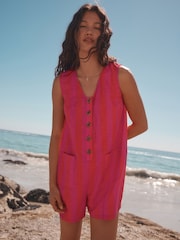 Pink & Red Stripe 100% Cotton V-Neck Button Down Playsuit - Image 3 of 8