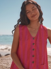 Pink & Red Stripe 100% Cotton V-Neck Button Down Playsuit - Image 4 of 8