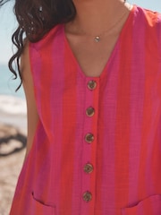 Pink & Red Stripe 100% Cotton V-Neck Button Down Playsuit - Image 5 of 8