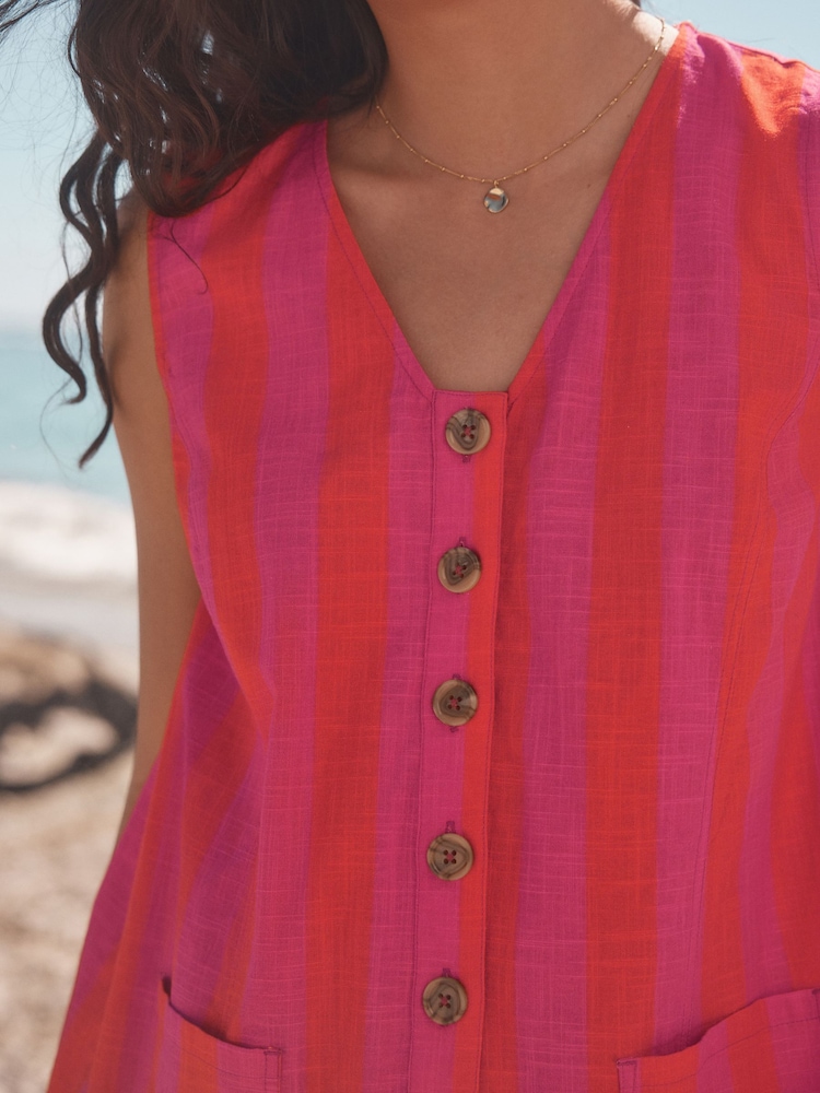 Rayas en rosa y rojo - Mono corto de algodón 100% con cuello de pico y diseño abotonado - Imagen 5 de 5
