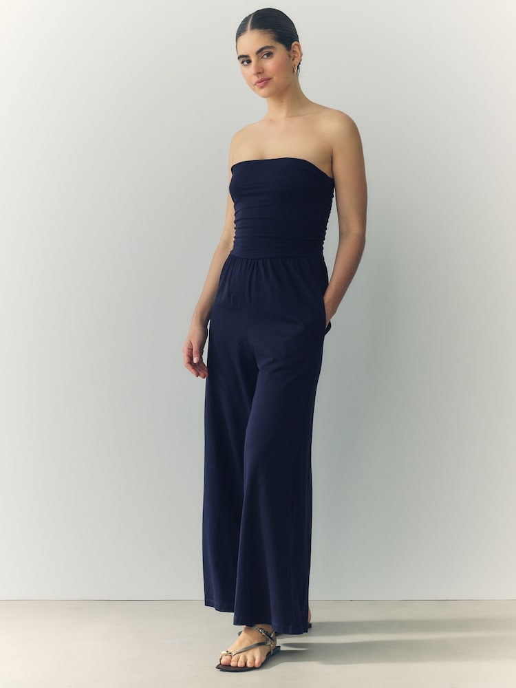 Navy Blue Bandeau Jersey 100% Cotton Jumpsuit - Image 1 of 8