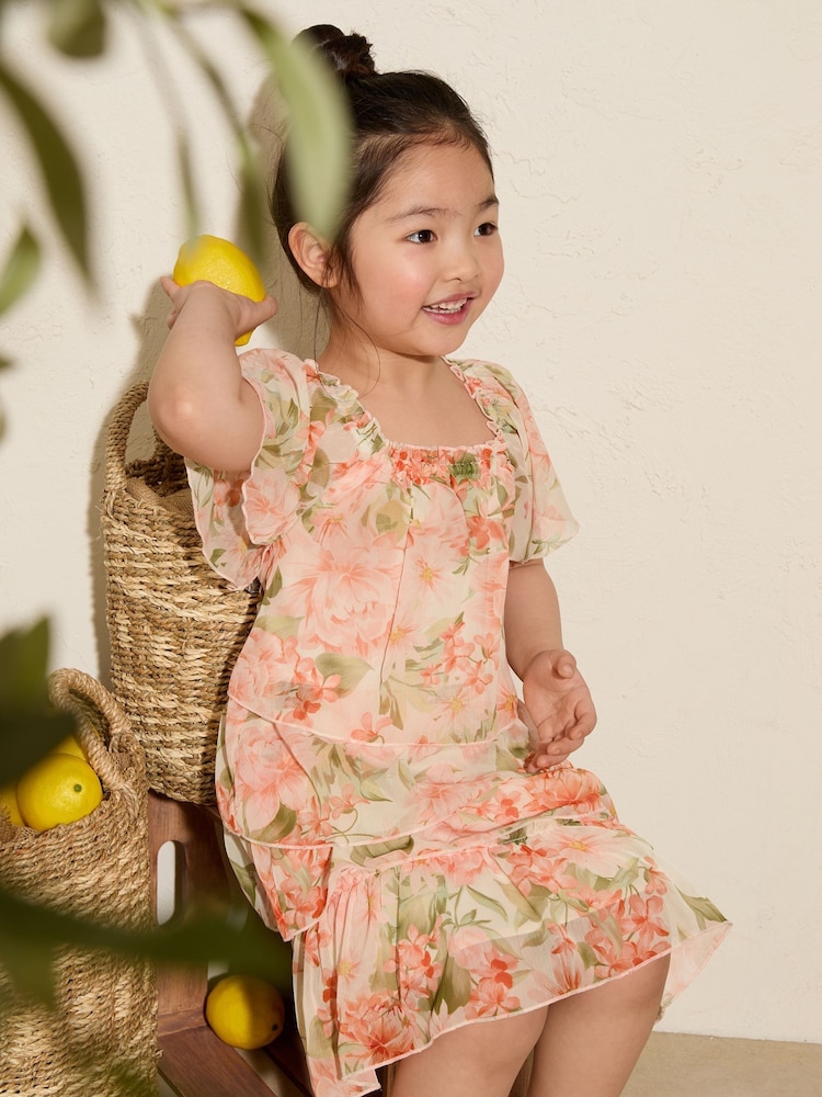 Friends Like These Orange Floral Floral Tiered Mini Dress (3-12yrs) - Image 2 of 4
