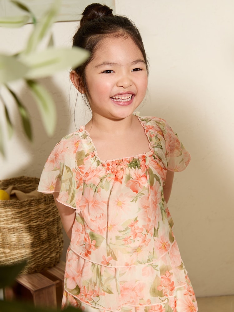 Friends Like These Orange Floral Floral Tiered Mini Dress (3-12yrs) - Image 4 of 4