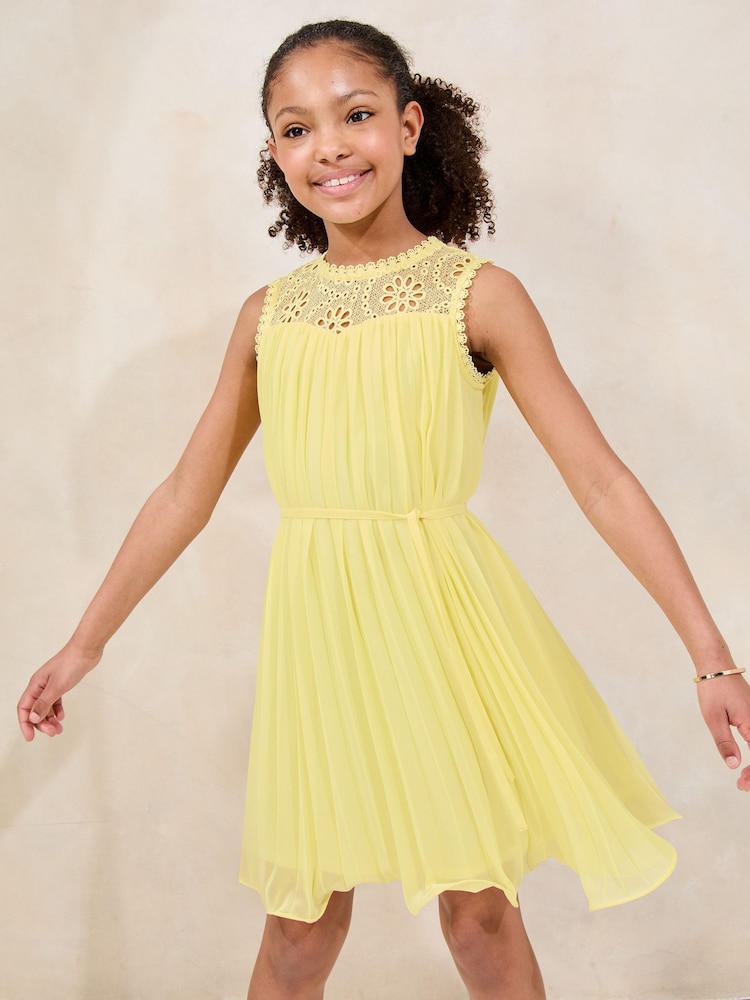 Lipsy Lemon Yellow Pleated Lace Yoke Occasion Dress (5-16yrs) - Image 1 of 4