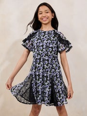 Lipsy Black Floral Lace Frill Sleeve Dress (5-16yrs) - Image 1 of 4
