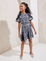 Lipsy Black Floral Lace Frill Sleeve Dress (5-16yrs) - Image 3 of 4