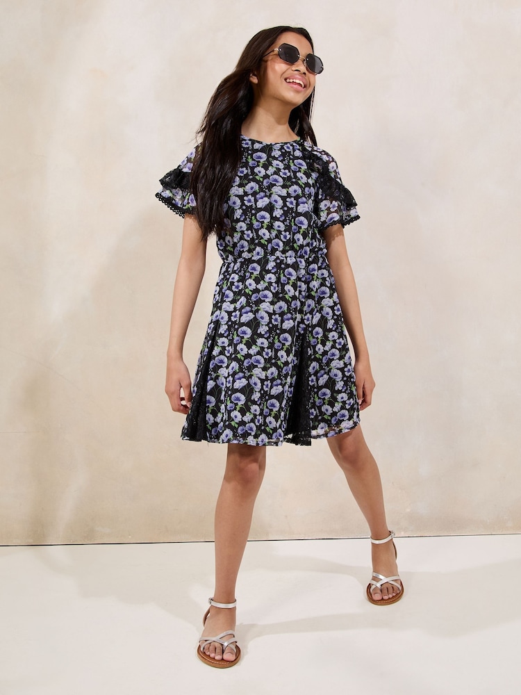 Lipsy Black Floral Lace Frill Sleeve Dress (5-16yrs) - Image 3 of 4
