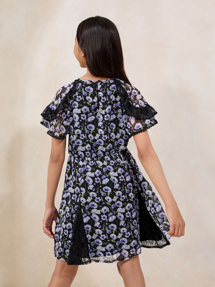 Lipsy Black Floral Lace Frill Sleeve Dress (5-16yrs) - Image 4 of 4