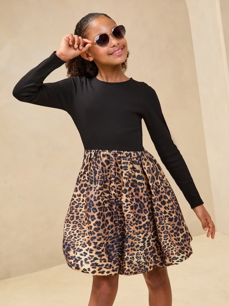 Lipsy Brown Leopard Print Bubble Hem Long Sleeve Dress (5-16yrs) - Image 1 of 5
