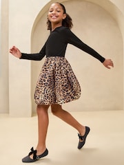 Lipsy Brown Leopard Print Bubble Hem Long Sleeve Dress (5-16yrs) - Image 2 of 5