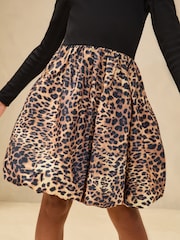 Lipsy Brown Leopard Print Bubble Hem Long Sleeve Dress (5-16yrs) - Image 3 of 5