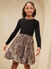Lipsy Brown Leopard Print Bubble Hem Long Sleeve Dress (5-16yrs) - Image 5 of 5