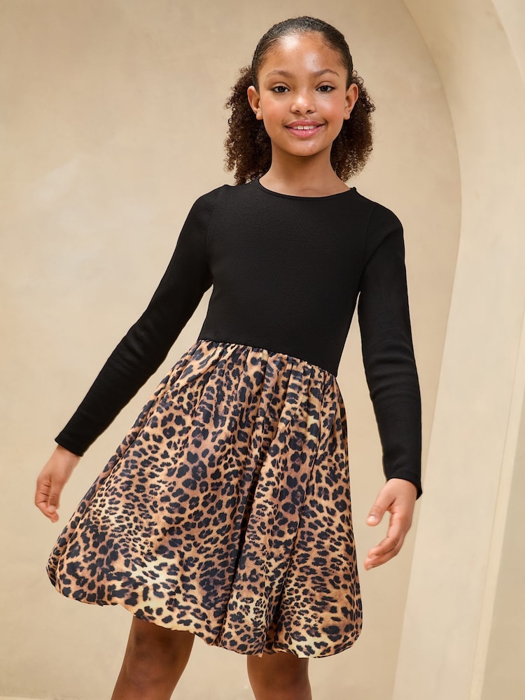 Lipsy Brown Leopard Print Bubble Hem Long Sleeve Dress (5-16yrs) - Image 5 of 5