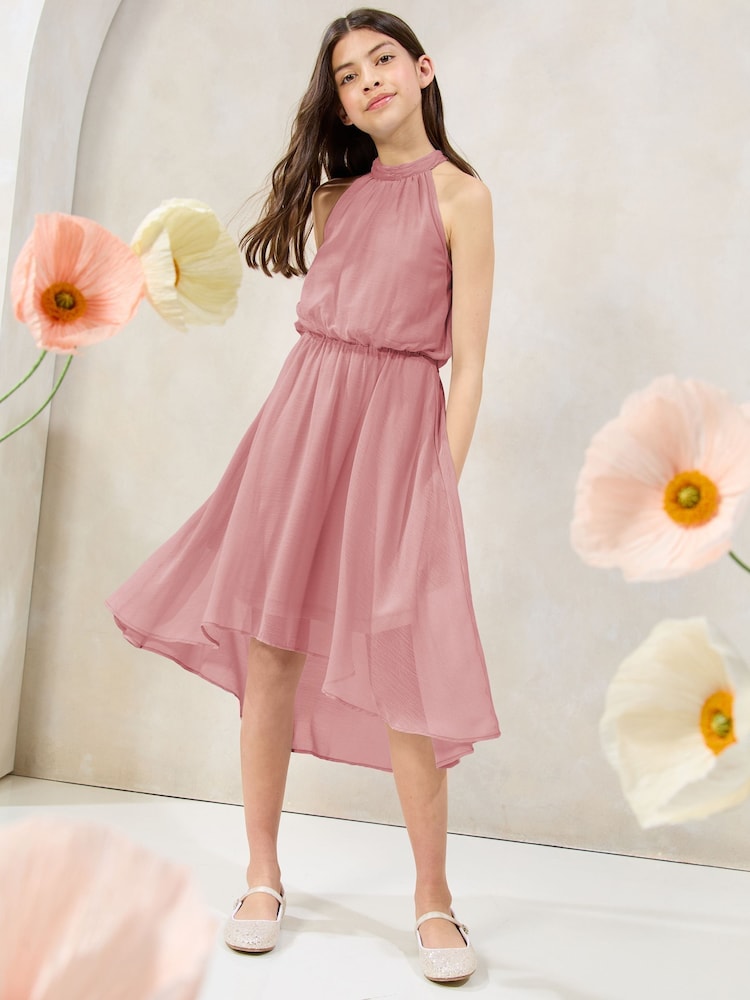Lipsy Pink Halter Bubble Waist Occasion Dress (7-16yrs) - Image 1 of 5